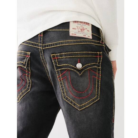 True Religion Geno BIG T Flap Relax Slim Jean Grey Humid Wash Red STICH Sz 34X32 - Picture 1 of 16